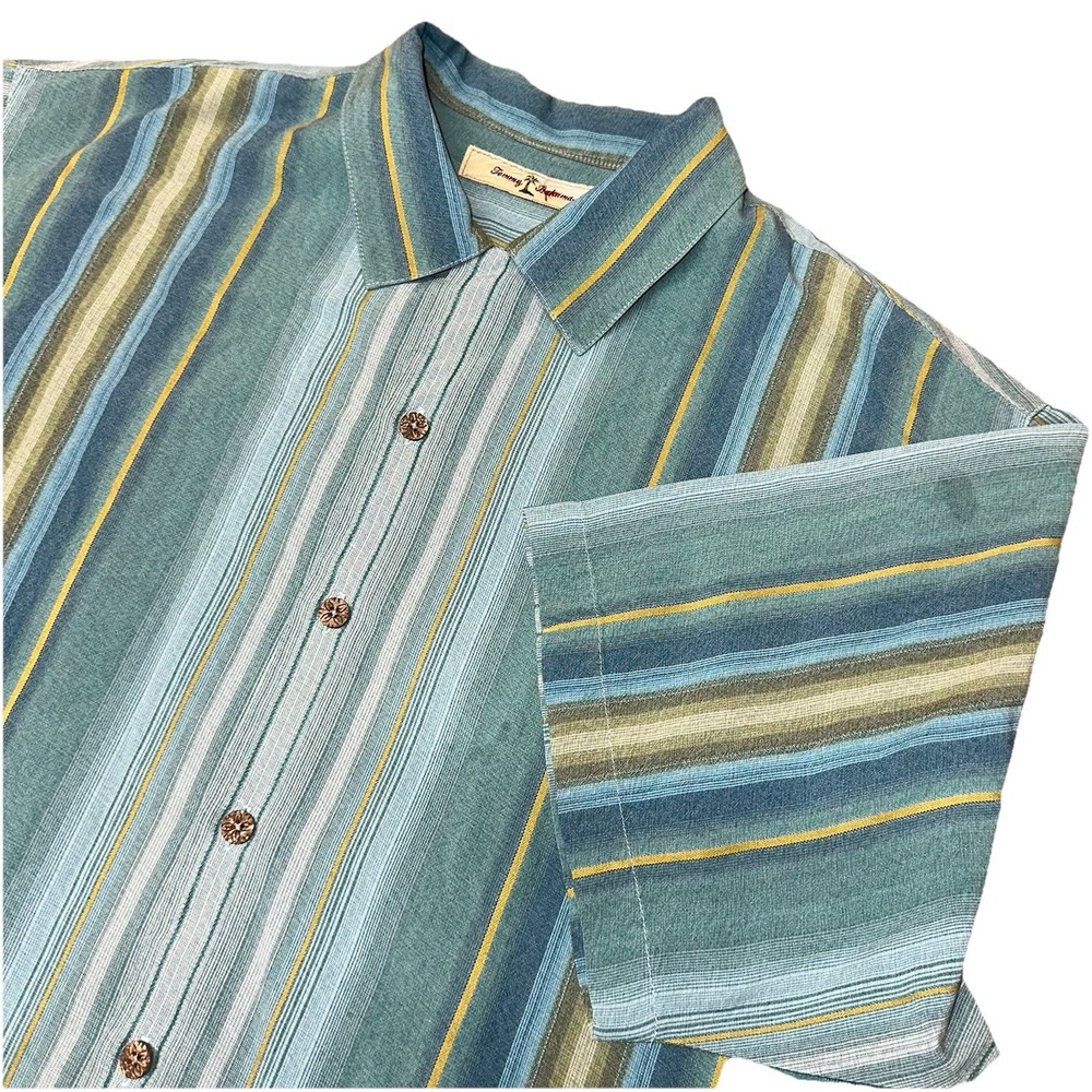 Tommy Bahama 100% Silk‎ Green Striped Button Up Short Sleeve Shirt Men's M Flaw